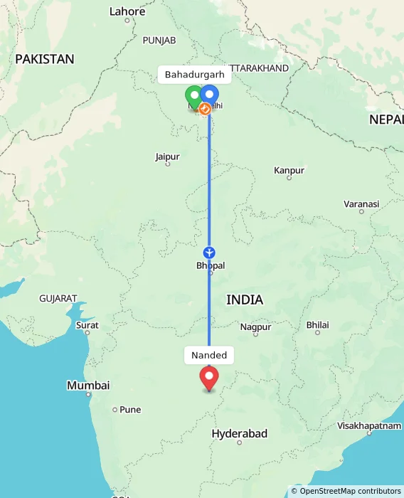 Route map showing distance and travel time from Bahadurgarh, India to Nanded, India