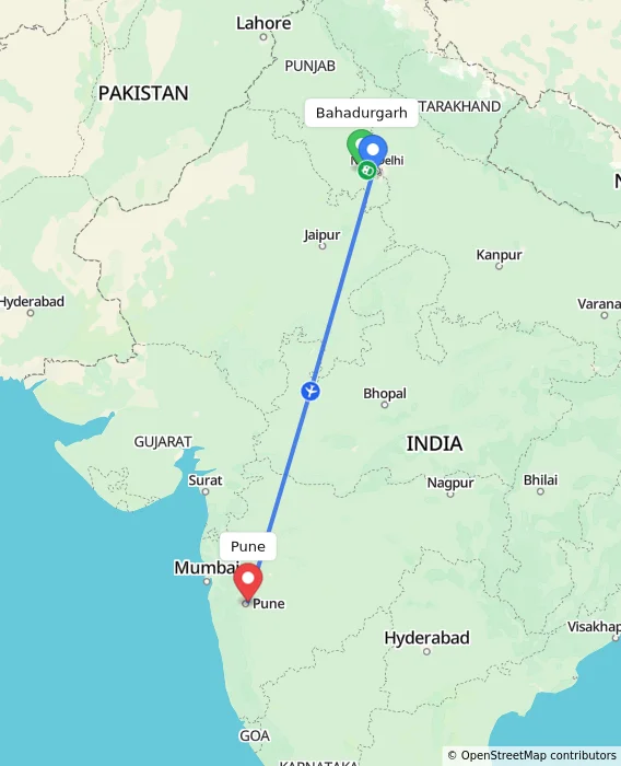 Route map showing distance and travel time from Bahadurgarh, India to Pune, India