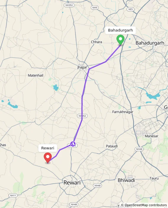 Route map showing distance and travel time from Bahadurgarh, India to Rewari, India