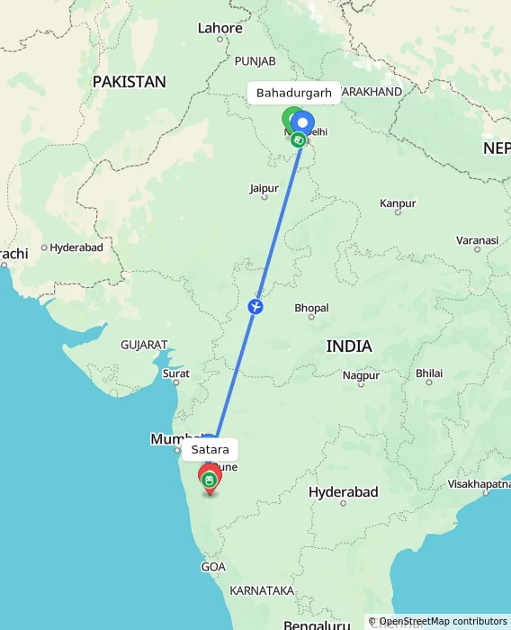 Route map showing distance and travel time from Bahadurgarh, India to Satara, India
