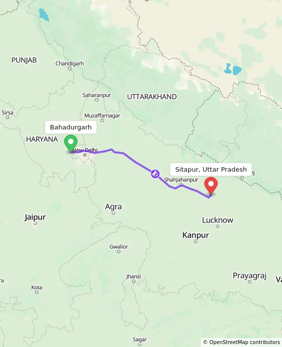 Route map showing distance and travel time from Bahadurgarh, India to Sitapur, Uttar Pradesh, India