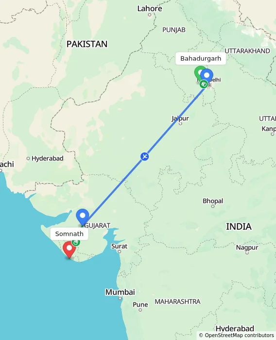 Route map showing distance and travel time from Bahadurgarh, India to Somnath, India
