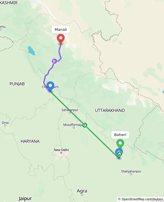 Route map showing distance and travel time from Baheri, India to Manali, India