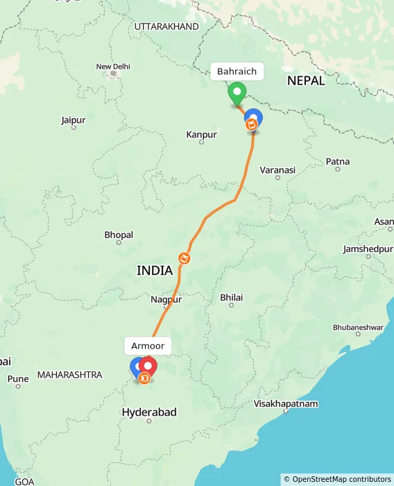 Route map showing distance and travel time from Bahraich, India to Armoor, India