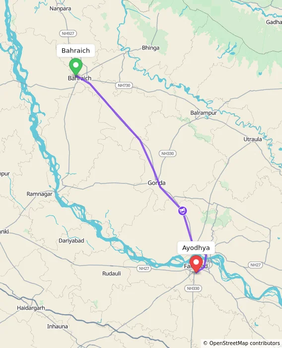 Route map showing distance and travel time from Bahraich, India to Ayodhya, India
