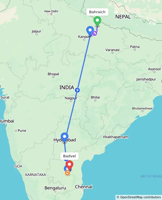 Route map showing distance and travel time from Bahraich, India to Badvel, India