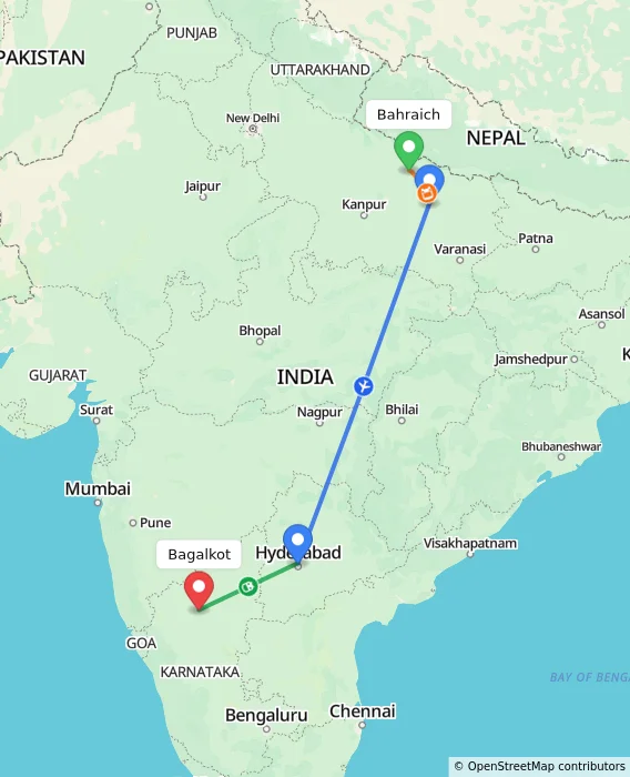 Route map showing distance and travel time from Bahraich, India to Bagalkot, India