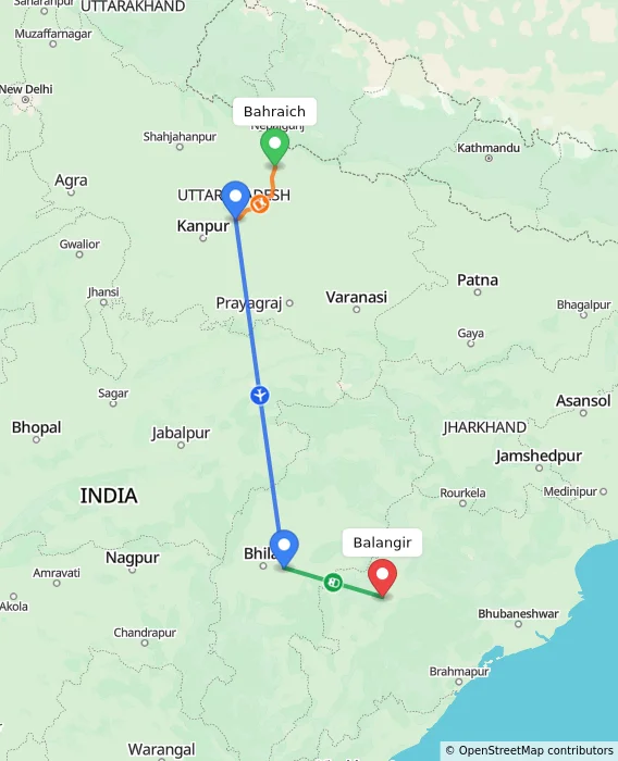 Route map showing distance and travel time from Bahraich, India to Balangir, India