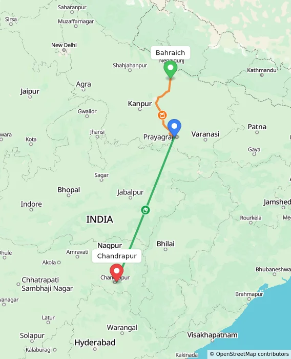Route map showing distance and travel time from Bahraich, India to Chandrapur, India