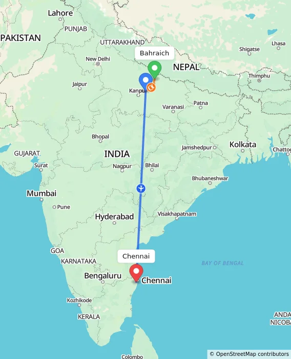 Route map showing distance and travel time from Bahraich, India to Chennai, India