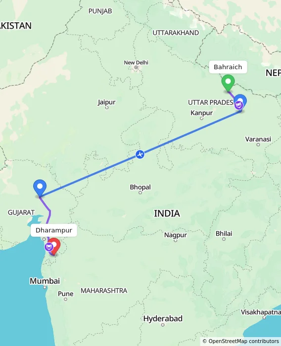 Route map showing distance and travel time from Bahraich, India to Dharampur, India