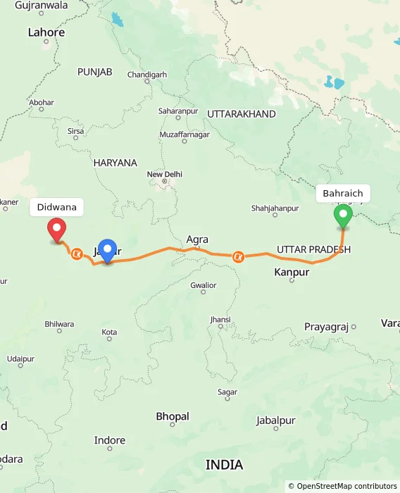 Route map showing distance and travel time from Bahraich, India to Didwana, India