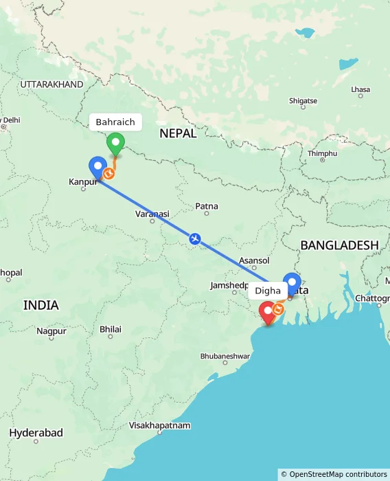 Route map showing distance and travel time from Bahraich, India to Digha, India