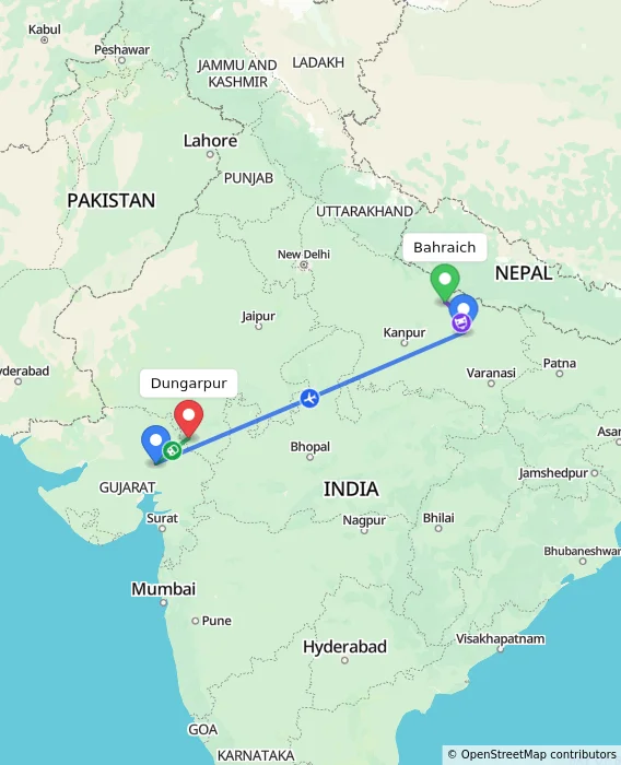 Route map showing distance and travel time from Bahraich, India to Dungarpur, India