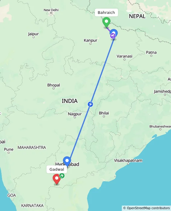 Route map showing distance and travel time from Bahraich, India to Gadwal, India