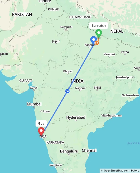 Route map showing distance and travel time from Bahraich, India to Goa, India