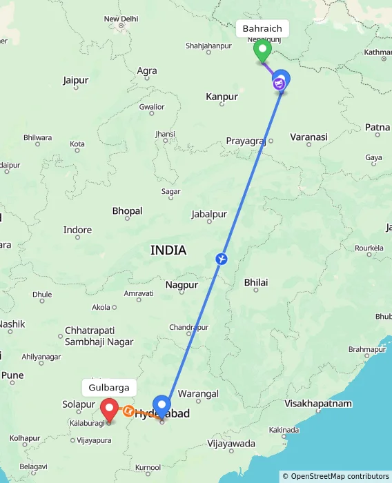 Route map showing distance and travel time from Bahraich, India to Gulbarga, India