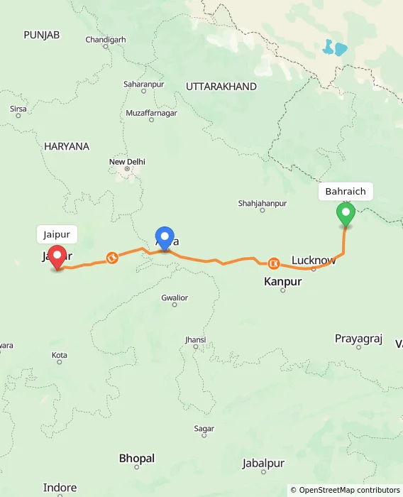 Route map showing distance and travel time from Bahraich, India to Jaipur, India