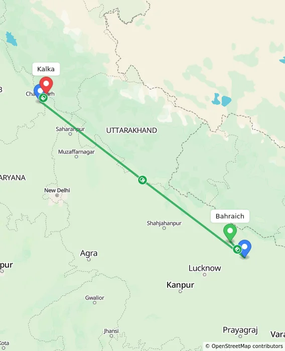 Route map showing distance and travel time from Bahraich, India to Kalka, India