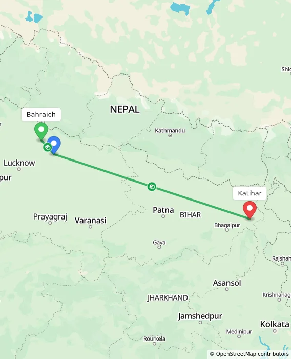 Route map showing distance and travel time from Bahraich, India to Katihar, India