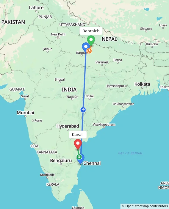 Route map showing distance and travel time from Bahraich, India to Kavali, India