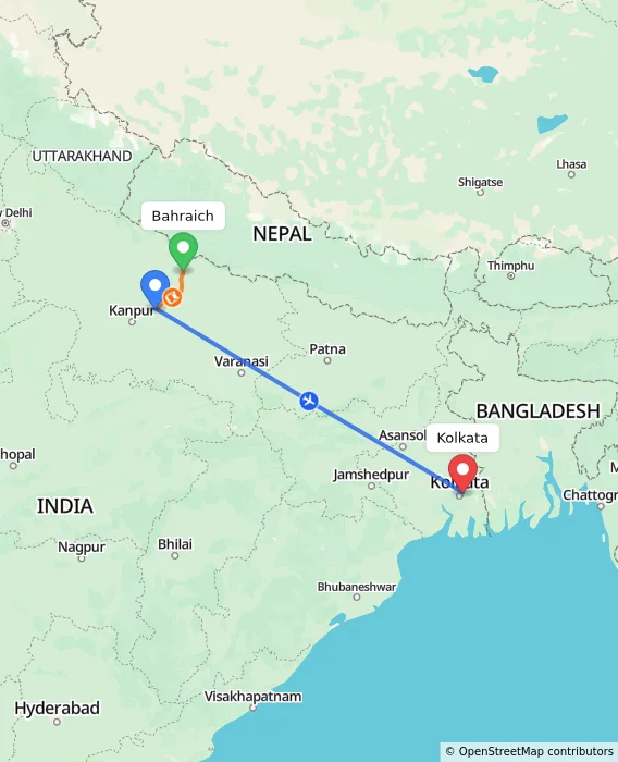 Route map showing distance and travel time from Bahraich, India to Kolkata, India