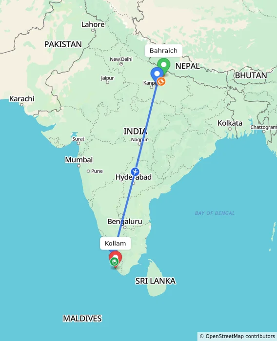 Route map showing distance and travel time from Bahraich, India to Kollam, India