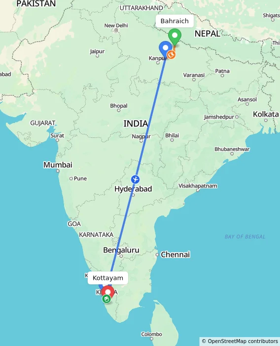 Route map showing distance and travel time from Bahraich, India to Kottayam, India