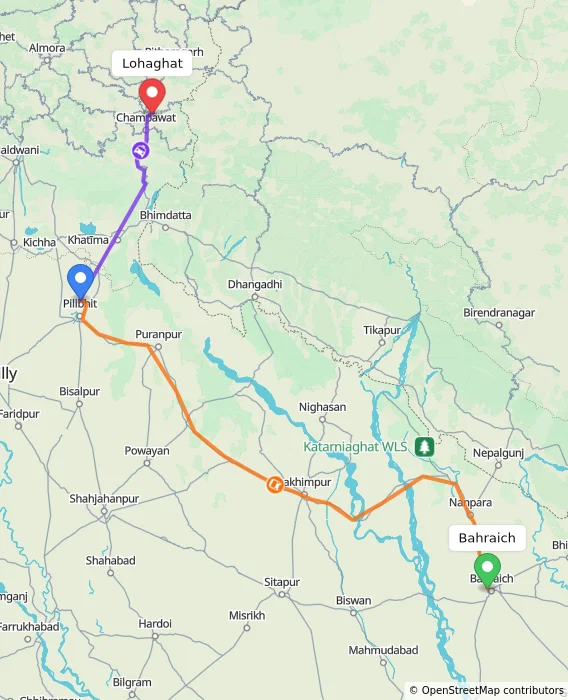 Route map showing distance and travel time from Bahraich, India to Lohaghat, India