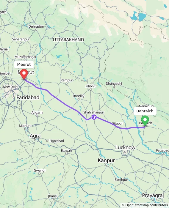 Route map showing distance and travel time from Bahraich, India to Meerut, India