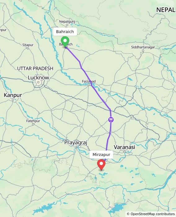 Route map showing distance and travel time from Bahraich, India to Mirzapur, India