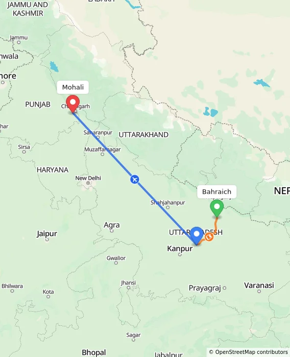 Route map showing distance and travel time from Bahraich, India to Mohali, India