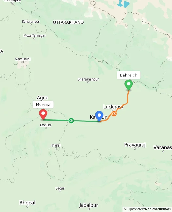Route map showing distance and travel time from Bahraich, India to Morena, India
