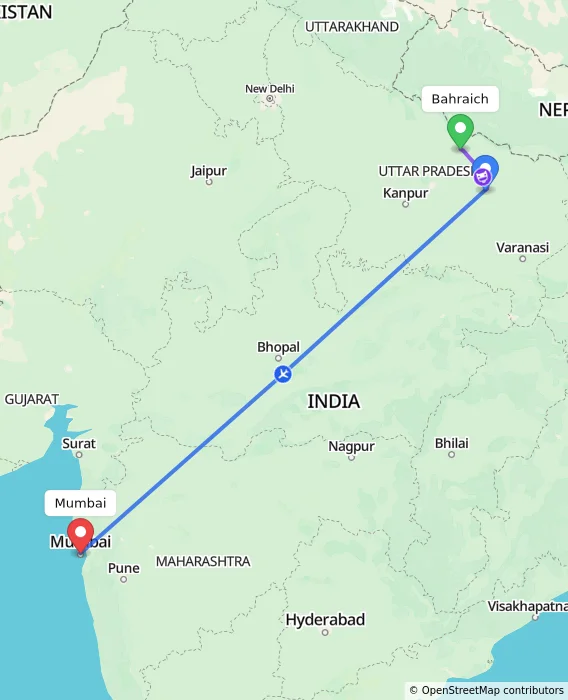 Route map showing distance and travel time from Bahraich, India to Mumbai, India
