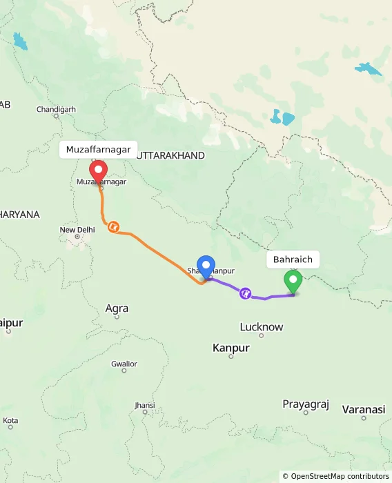 Route map showing distance and travel time from Bahraich, India to Muzaffarnagar, India