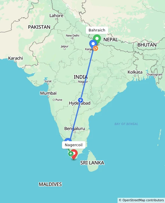 Route map showing distance and travel time from Bahraich, India to Nagercoil, India