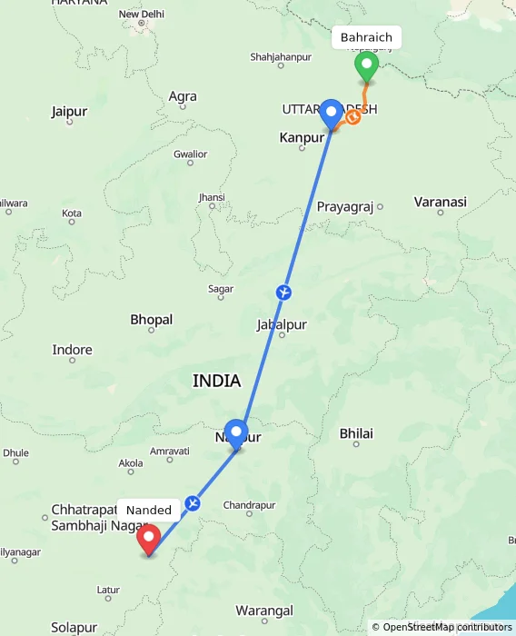 Route map showing distance and travel time from Bahraich, India to Nanded, India