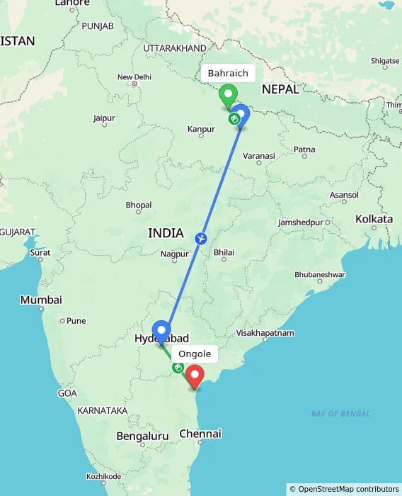 Route map showing distance and travel time from Bahraich, India to Ongole, India