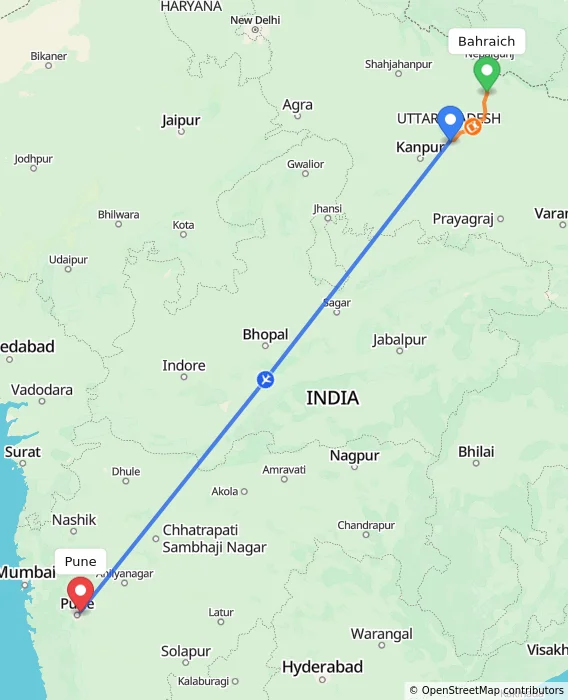 Route map showing distance and travel time from Bahraich, India to Pune, India