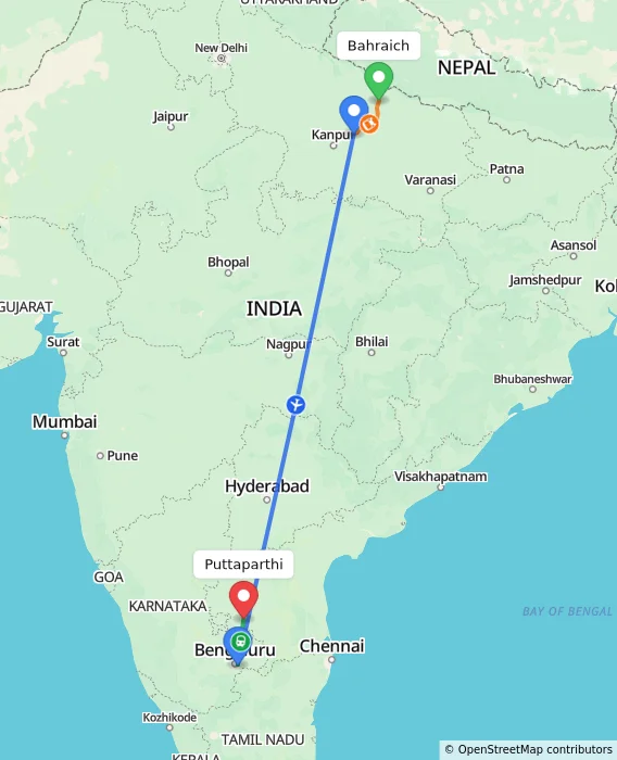 Route map showing distance and travel time from Bahraich, India to Puttaparthi, India