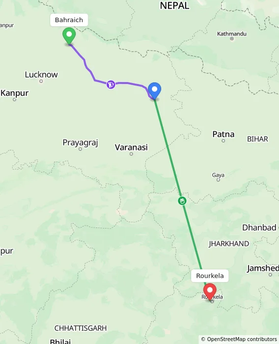 Route map showing distance and travel time from Bahraich, India to Rourkela, India