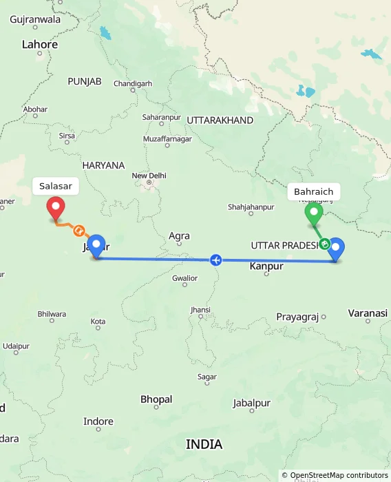 Route map showing distance and travel time from Bahraich, India to Salasar, India
