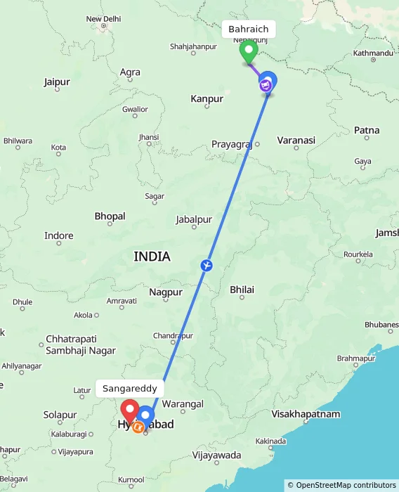 Route map showing distance and travel time from Bahraich, India to Sangareddy, India