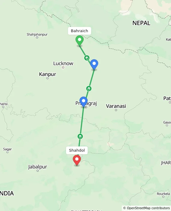 Route map showing distance and travel time from Bahraich, India to Shahdol, India