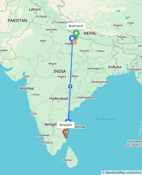 Route map showing distance and travel time from Bahraich, India to Sirkazhi, India