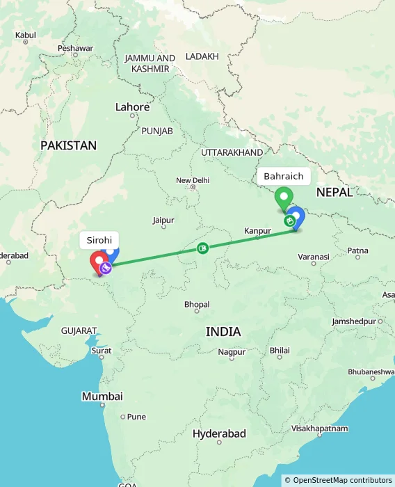 Route map showing distance and travel time from Bahraich, India to Sirohi, India