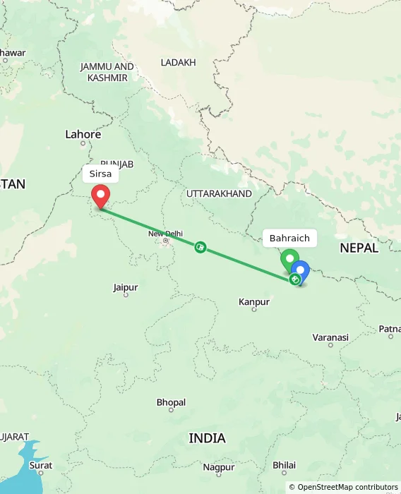 Route map showing distance and travel time from Bahraich, India to Sirsa, India