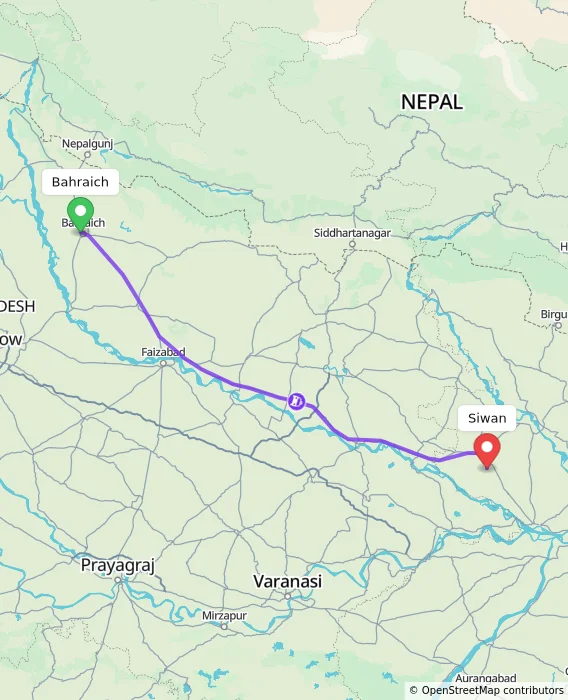 Route map showing distance and travel time from Bahraich, India to Siwan, India