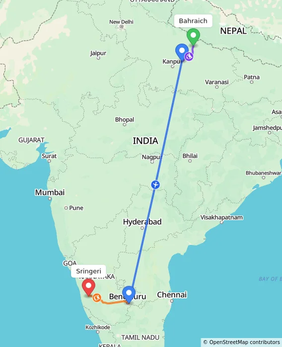 Route map showing distance and travel time from Bahraich, India to Sringeri, India