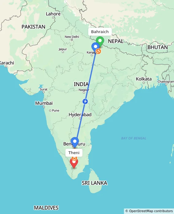 Route map showing distance and travel time from Bahraich, India to Theni, India